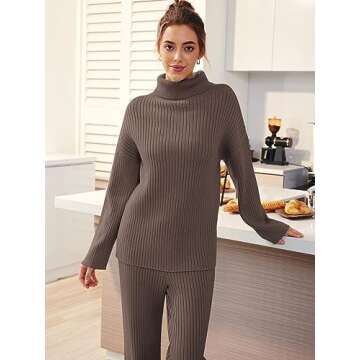 LILLUSORY Women 2 Two Piece Outfits Winter Clothes Turleneck Sweater Matching Lounge Sets Wide Leg P...