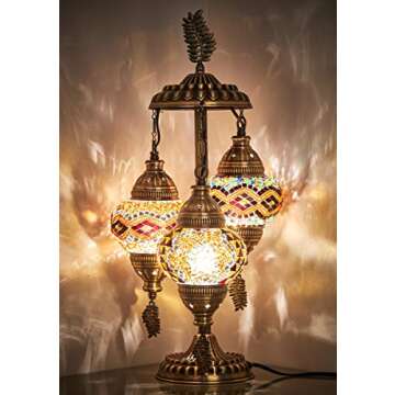 DEMMEX 3 Globes Turkish Moroccan Mosaic Bohemian Table Desk Bedside Night Lamp Light Lampshade, Exotic Oriental Colorful Mosaic Glasses Table Lamp, Antique Brass Color Metal Body, 21" (Amber - Brown)