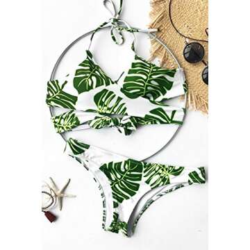 CUPSHE Women's Green Leaves Printing Back Cross Halter Bikini Set Beach Swimwear (M)