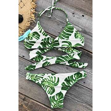 CUPSHE Women's Green Leaves Printing Back Cross Halter Bikini Set Beach Swimwear (M)