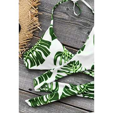 CUPSHE Women's Green Leaves Printing Back Cross Halter Bikini Set Beach Swimwear (M)