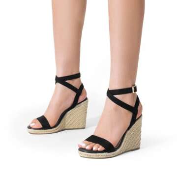 DREAM PAIRS Womens Open Toe Espadrilles Dressy Platform Sandals Buckle Ankle Strap Stylish Wedges Sandals,Size 9,BLACK/SUEDE,SDPW2211W