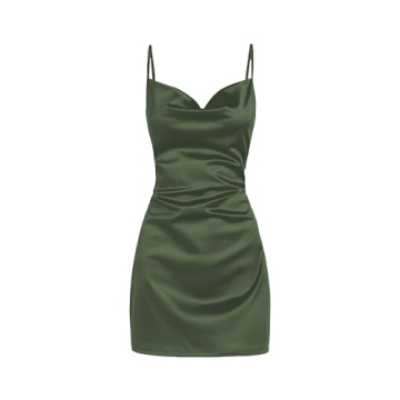 ZAFUL Women's Satin Slip Mini Dress - Sexy Cowl Neck, XS - Army Green