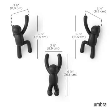 Umbra Buddy Wall Hooks – Decorative Wall Mounted Coat Hooks for Hanging Coats, Scarves, Bags, Purses, Backpacks, Towels and More, Set of 3, Black
