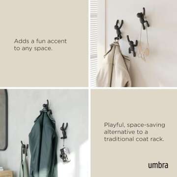 Umbra Buddy Wall Hooks – Decorative Wall Mounted Coat Hooks for Hanging Coats, Scarves, Bags, Purses, Backpacks, Towels and More, Set of 3, Black
