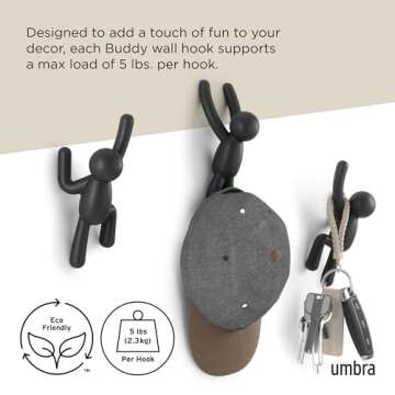 Umbra Buddy Wall Hooks – Decorative Wall Mounted Coat Hooks for Hanging Coats, Scarves, Bags, Purses, Backpacks, Towels and More, Set of 3, Black