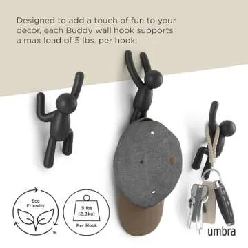 Umbra Buddy Wall Hooks – Decorative Wall Mounted Coat Hooks for Hanging Coats, Scarves, Bags, Purses, Backpacks, Towels and More, Set of 3, Black