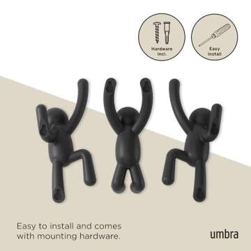 Umbra Buddy Wall Hooks – Decorative Wall Mounted Coat Hooks for Hanging Coats, Scarves, Bags, Purses, Backpacks, Towels and More, Set of 3, Black