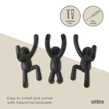 Umbra Buddy Wall Hooks – Decorative Wall Mounted Coat Hooks for Hanging Coats, Scarves, Bags, Purses, Backpacks, Towels and More, Set of 3, Black