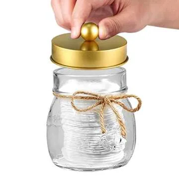 Amolliar Mason Jar Bathroom Accessories Set(4 Pcs) -Lotion Soap Dispenser & 2 Cotton Swab Holder &Toothbrush Holder-Rustic Farmhouse Decor,Countertop Vanity Organize，Bathroom Home Decor (Gold)