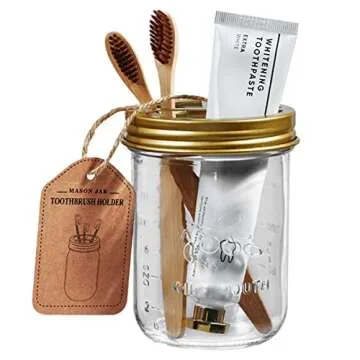 Amolliar Mason Jar Bathroom Accessories Set(4 Pcs) -Lotion Soap Dispenser & 2 Cotton Swab Holder &Toothbrush Holder-Rustic Farmhouse Decor,Countertop Vanity Organize，Bathroom Home Decor (Gold)