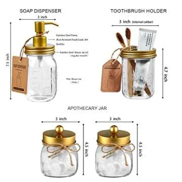Amolliar Mason Jar Bathroom Accessories Set(4 Pcs) -Lotion Soap Dispenser & 2 Cotton Swab Holder &Toothbrush Holder-Rustic Farmhouse Decor,Countertop Vanity Organize，Bathroom Home Decor (Gold)