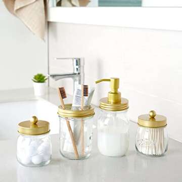 Amolliar Mason Jar Bathroom Accessories Set(4 Pcs) -Lotion Soap Dispenser & 2 Cotton Swab Holder &Toothbrush Holder-Rustic Farmhouse Decor,Countertop Vanity Organize，Bathroom Home Decor (Gold)