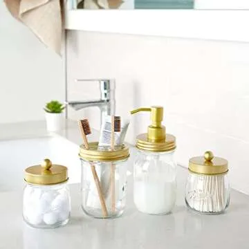 Amolliar Mason Jar Bathroom Accessories Set(4 Pcs) -Lotion Soap Dispenser & 2 Cotton Swab Holder &Toothbrush Holder-Rustic Farmhouse Decor,Countertop Vanity Organize，Bathroom Home Decor (Gold)