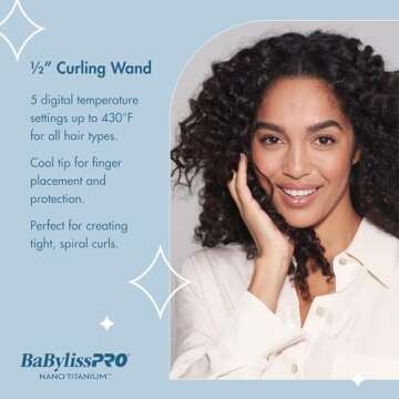 BaBylissPRO Nano Titanium Curling Wand, 0.5" Professional Slim Hair Wand for Long Lasting Curls