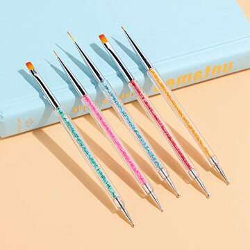 TEOYALL Double-Ended Nail Art Brushes, 5 PCS Nail Design Tools Kit Including Nail Liner Brush and Nail Dotting Pens for UV Gel Nail Home Salon