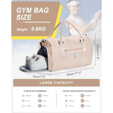Gym Bag Womens Mens with Shoes Compartment and Wet Pocket Travel Duffel Bag for Women for Plane Spor...