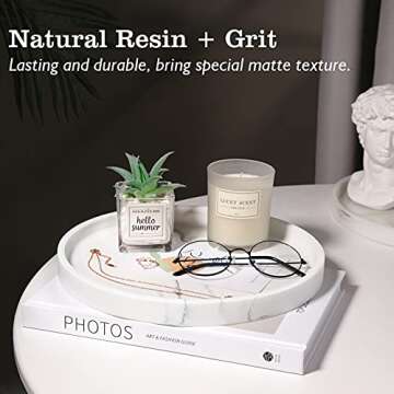 Emibele Vanity Tray, Resin Round Tray Decorative Storage Organizer for Bathroom Toilet Tank Bedroom Kitchen Countertop, Jewelry Storage Dresser Tray for Candle, Lotion Bottle, Cosmetics, Gravel White