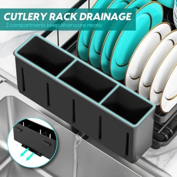 MERRYBOX Dish Drying Rack Space-Saving Dish Racks for Kitchen Counter with Drainboard, Rustproof Drying Rack Kitchen with Large Utensil Holder and Increased Feet, 16.5" D x 11.4" W x 5.65" H, Black