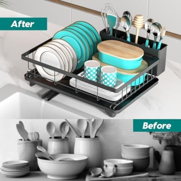 MERRYBOX Dish Drying Rack Space-Saving Dish Racks for Kitchen Counter with Drainboard, Rustproof Drying Rack Kitchen with Large Utensil Holder and Increased Feet, 16.5" D x 11.4" W x 5.65" H, Black