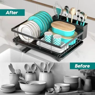 MERRYBOX Dish Drying Rack Space-Saving Dish Racks for Kitchen Counter with Drainboard, Rustproof Drying Rack Kitchen with Large Utensil Holder and Increased Feet, 16.5" D x 11.4" W x 5.65" H, Black