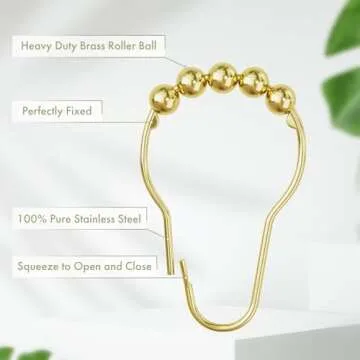 Amazer Gold Shower Curtain Hooks - 12 Rust Proof Rings