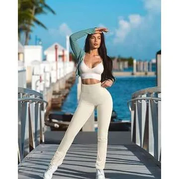 OQQ Women's 2 Piece Yoga Pants Ribbed Seamless Workout High Waist Athletic Straight Leg Leggings Black Beige