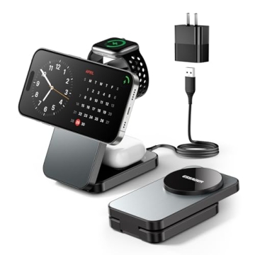 ESSAGER 3 in 1 Foldable Travel Wireless Charger Compatible with iPhone 16/15/14/13/12 Series, 15W Ma...