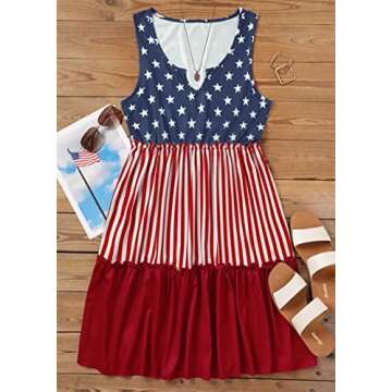 CHUNTIANRAN American Flag Star Vertical Striped Ruffled Mini Dress Womens Casual Sleeveless Flowy Sw...