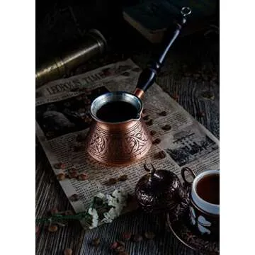 DEMMEX Thickest Engraved Solid Copper Turkish Coffee Pot – Stovetop Greek, Arabic Coffee Maker, Cezve, Ibrik, Briki – Wooden Handle & Spoon - Handmade in Turkey (Matte Copper, 9 fl Oz (3ppl))