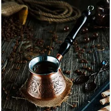 DEMMEX Thickest Engraved Solid Copper Turkish Coffee Pot – Stovetop Greek, Arabic Coffee Maker, Cezve, Ibrik, Briki – Wooden Handle & Spoon - Handmade in Turkey (Matte Copper, 9 fl Oz (3ppl))