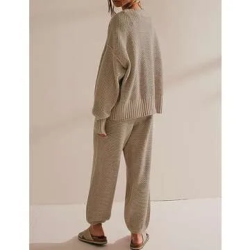 Ugerlov Women's Two Piece Outfits Sweater Sets Oversized Knit Cardigan and High Waisted Baggy Pants Matching Set Lounge Sets, Khaki XL