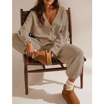 Ugerlov Women's Two Piece Outfits Sweater Sets Oversized Knit Cardigan and High Waisted Baggy Pants Matching Set Lounge Sets, Khaki XL