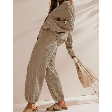 Ugerlov Women's Two Piece Outfits Sweater Sets Oversized Knit Cardigan and High Waisted Baggy Pants Matching Set Lounge Sets, Khaki XL
