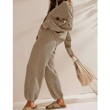 Ugerlov Women's Two Piece Outfits Sweater Sets Oversized Knit Cardigan and High Waisted Baggy Pants Matching Set Lounge Sets, Khaki XL