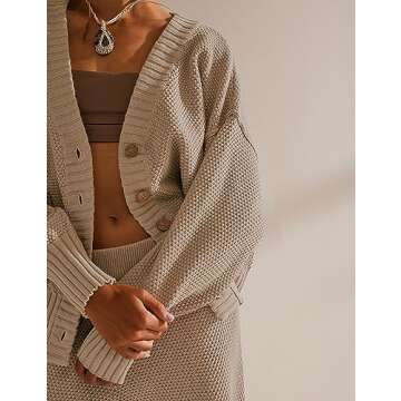 Ugerlov Women's Two Piece Outfits Sweater Sets Oversized Knit Cardigan and High Waisted Baggy Pants Matching Set Lounge Sets, Khaki XL