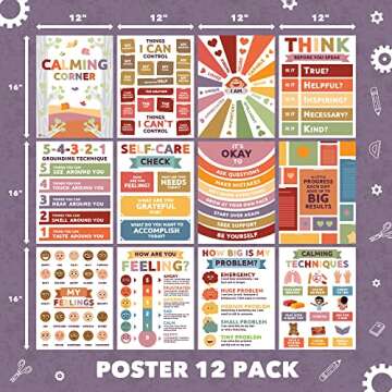Sproutbrite Calming Corner -12 pack - Classroom Decor Educational Posters for Elementary, Middle School, and High School Classrooms (Neutral)