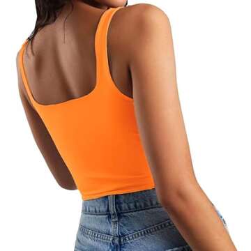Artfish Women's Sleeveless Strappy Seamless Crop Tank Tops Square Neck Workout Fitness Basic Cropped Camis Bright Neon Orange, M