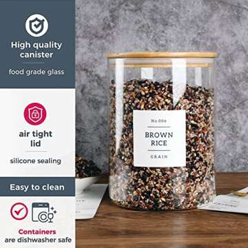 HHMJSM Large Glass Storage Jars With Airtight Bamboo Lid - 100 Fl Oz Thicken Kitchen Glass Food Storage Canister With 42 Pantry Labels - Big Clear Flour And Sugar Containers Farmhouse