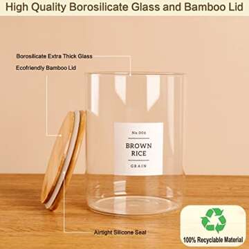HHMJSM Large Glass Storage Jars With Airtight Bamboo Lid - 100 Fl Oz Thicken Kitchen Glass Food Storage Canister With 42 Pantry Labels - Big Clear Flour And Sugar Containers Farmhouse