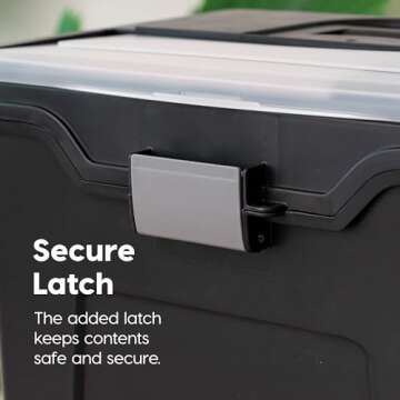 IRIS USA File Box with Lid File Organizer for Letter File w/ Organizer-Lid, Plastic Mobile Filing Organizer, Water Resistant Document Box, Portable File Box with Handle, Secure Buckle, Lockable, Black