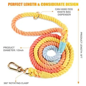 NUGUTIC Rope Dog Leash Handmade Braided Cotton Rope Leashes with Heavy Duty Metal Clasp, Cute Dog Le...