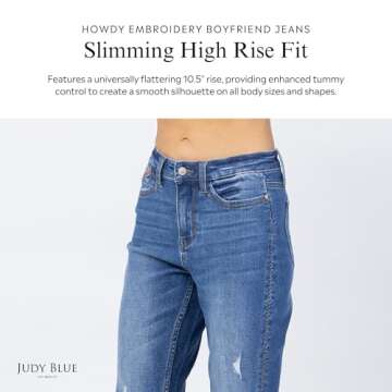 Judy Blue Women's High-Rise Howdy Embroidery Boyfriend Jeans with Side Seam Stitch (Medium Blue, 7)