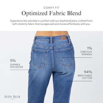 Judy Blue Women's High-Rise Howdy Embroidery Boyfriend Jeans with Side Seam Stitch (Medium Blue, 7)
