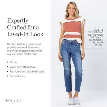 Judy Blue Women's High-Rise Howdy Embroidery Boyfriend Jeans with Side Seam Stitch (Medium Blue, 7)