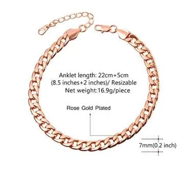 U7 Cuban Link Chain Anklets, Rose Gold Plated 7mm Thick Curb Chains Barefoot Jewelry Ankle Bracelet for Women Men, Length 8.5-10.5 Inches