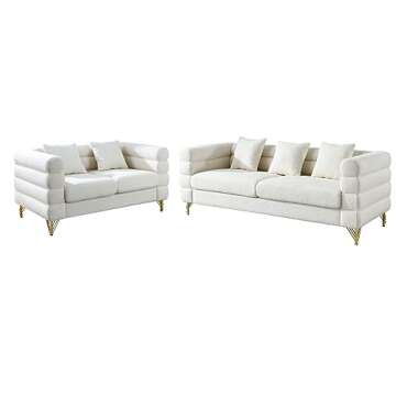 Dolonm Modern Living Room Furniture Sets, 2 Piece Sofa and Loveseat Set, Deep Seat Couch Sets, Boucle Teddy Sofa, Cozy Upholstered Sofa for Apartment, White