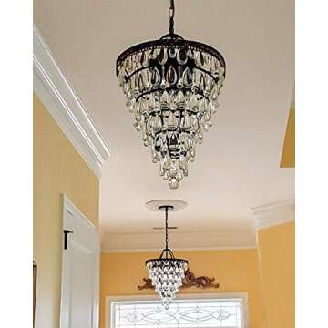 Wellmet 14 Inch Crystal Chandelier,Farmhouse Bronze Bathroom Chandeliers,4-Light Foyer Lighting Hanging Pendant Light Fixture for Bedroom Entryway Living Kids Room Corridor Closet
