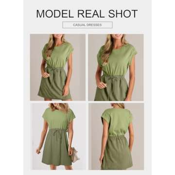 BLENCOT Womens Casual Spring Patch Knit Short Sleeve Crewneck Ruffled Waist Drawstring Shift Dresses...