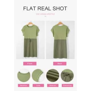 BLENCOT Womens Casual Spring Patch Knit Short Sleeve Crewneck Ruffled Waist Drawstring Shift Dresses Loose Pleat Dress P2309 Small with Pockets